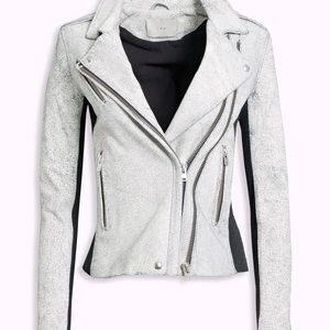 IRO Ilaria Ribbed Knit Paneled Cracked Leather Biker Jacket